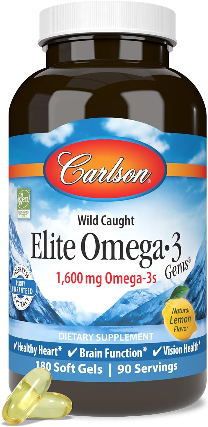 Carlson - Elite Omega-3 Gems, 1600 Mg Omega-3 Including Epa And Dha, Norwegian, Wild-Caught Fish Oil Supplement, Sustainably Sourced, Lemon, 180 Softgels : Health & Household