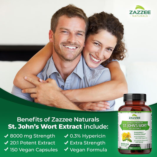 Zazzee Extra Strength St. John’S Wort 20:1 Extract, 8000 Mg Strength, 0.3% Hypericin, 150 Vegan Capsules, 5 Month Supply, Concentrated, Standardized 20X Extract, 100% Vegetarian, Non-Gmo, All-Natural