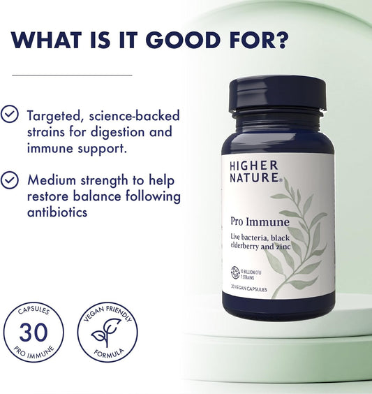 Higher Nature - Pro Immune - Triple Action Immune Support Probiotic - Live Bacteria, Black Elderberry And Zinc - 7 Bacteria Strains - 10 Billion Cfus - Vegan Probiotics - 30 Capsules
