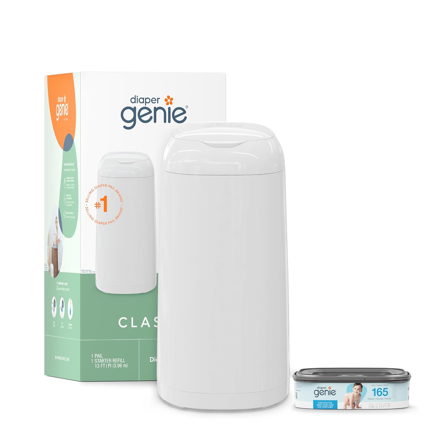 Diaper Genie Classic Pail Includes 1 Starter Square Refill That Can Hold Up To 165 Newborn-Sized Diapers