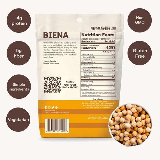 Biena Crispy Roasted Chickpea Snacks - Honey Roasted, High Protein Snacks, High Fiber Snacks, Gluten Free, Plant-Based, Allergy Friendly, Non-GMO, Healthy Snacks for Adults & Kids, 8-Pack 5 Ounce Bags