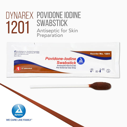 Dynarex Povidone Iodine Swabsticks, Swabstick Packaged In Individual Foil Pack, Antiseptic For Skin Preparation, Brown, 1 Case Of 500 Dynarex Povidone Iodine Swabsticks, (10 Boxes Of 50)