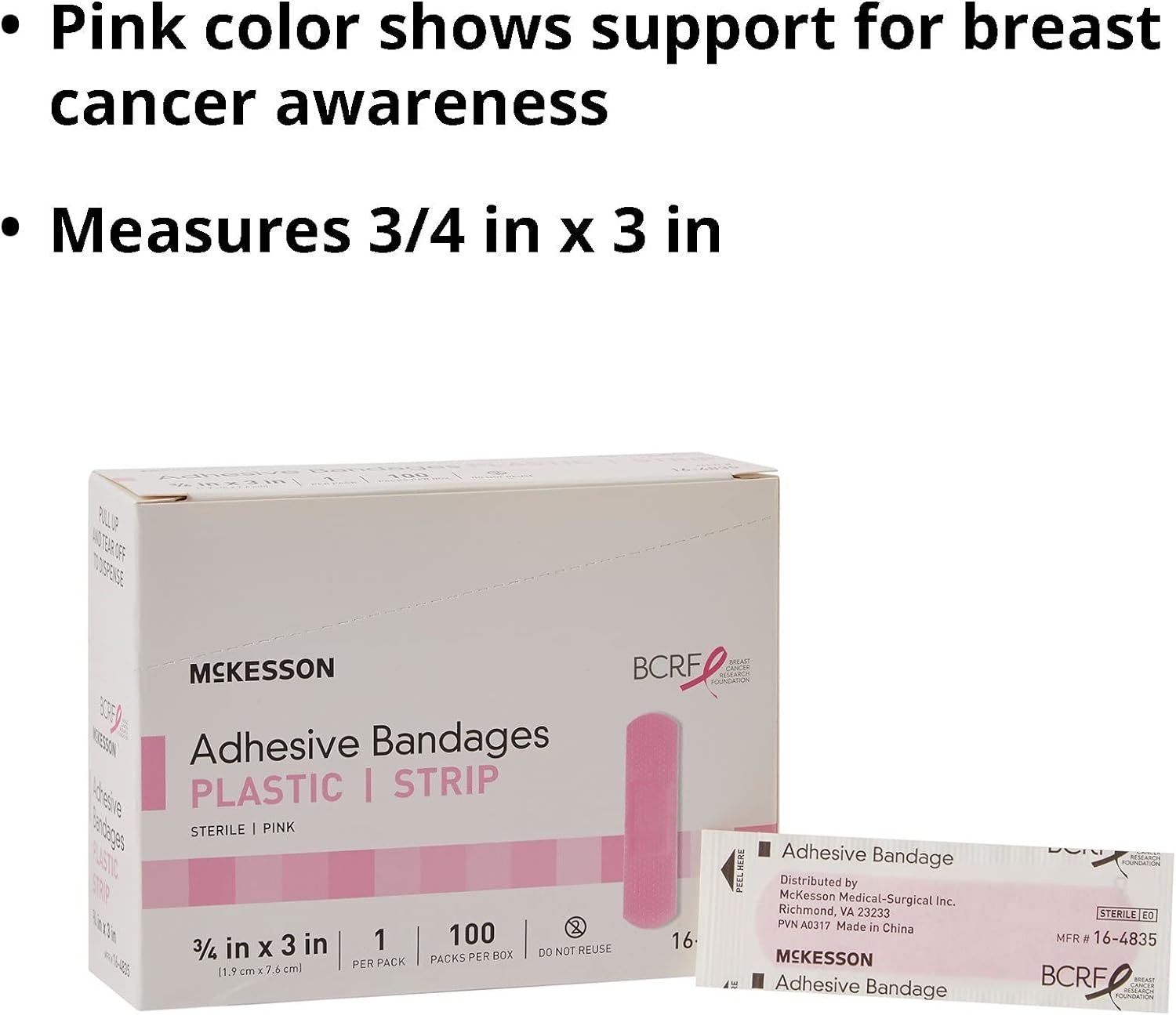 McKesson Adhesive Bandages, Sterile, Fabric Strip, Pink, 3/4 in x 3 in, 100 Count, 24 Packs, 2400 Total