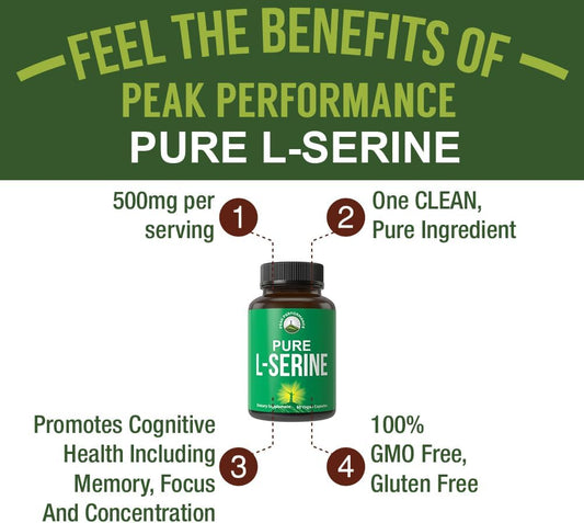 Peak Performance L-Serine Capsules 500Mg Best Brain And Nootropic Amino Acids For Production Of L-Cystine, L-Tryptophan And Serotonin. Usa Grade L Serine Pills. Non-Gmo Supplement (60 Servings)