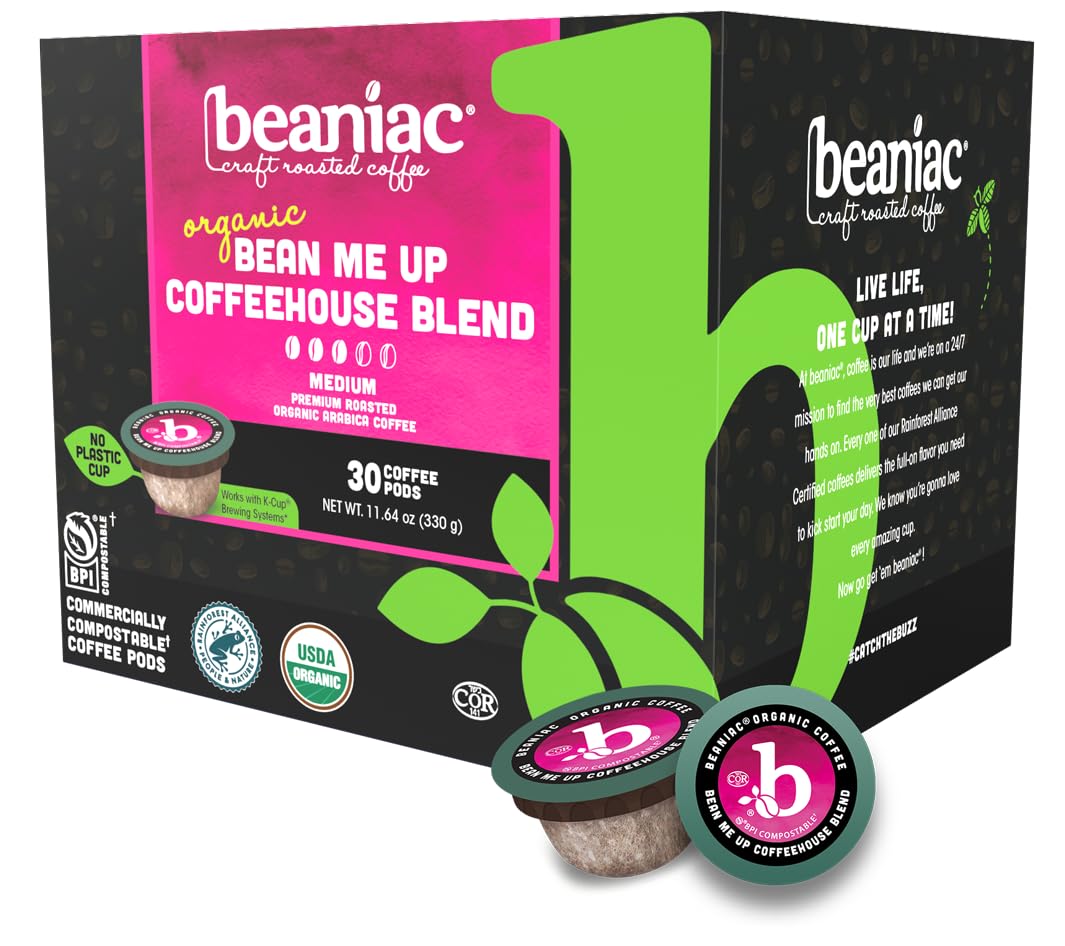 Beaniac Organic Bean Me Up Coffeehouse Blend, Medium Roast, Single Serve Compostable K Cup Coffee Pods, Organic Arabica Coffee, Keurig Brewer Compatible, 30 Count