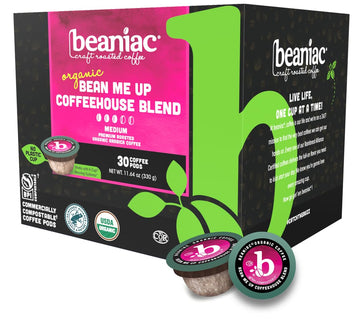Beaniac Organic Bean Me Up Coffeehouse Blend, Medium Roast, Single Serve Compostable K Cup Coffee Pods, Organic Arabica Coffee, Keurig Brewer Compatible, 30 Count