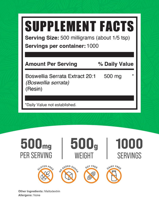 BulkSupplements.com Boswellia Serrata Extract Powder - from Frankincense Resin, Boswellia Serrata Powder - Herbal Supplement, Gluten Free, 500mg per Serving, 500g (1.1 lbs) (Pack of 1)