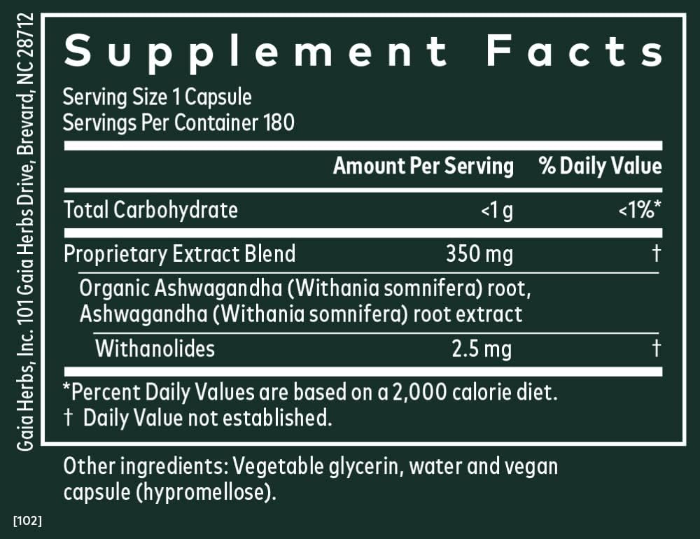 Gaia Herbs Ashwagandha Root - Made with Organic Ashwagandha Root to Help Support a Healthy Response to Stress, The Immune System, and Restful Sleep (180 Count (Pack of 1))