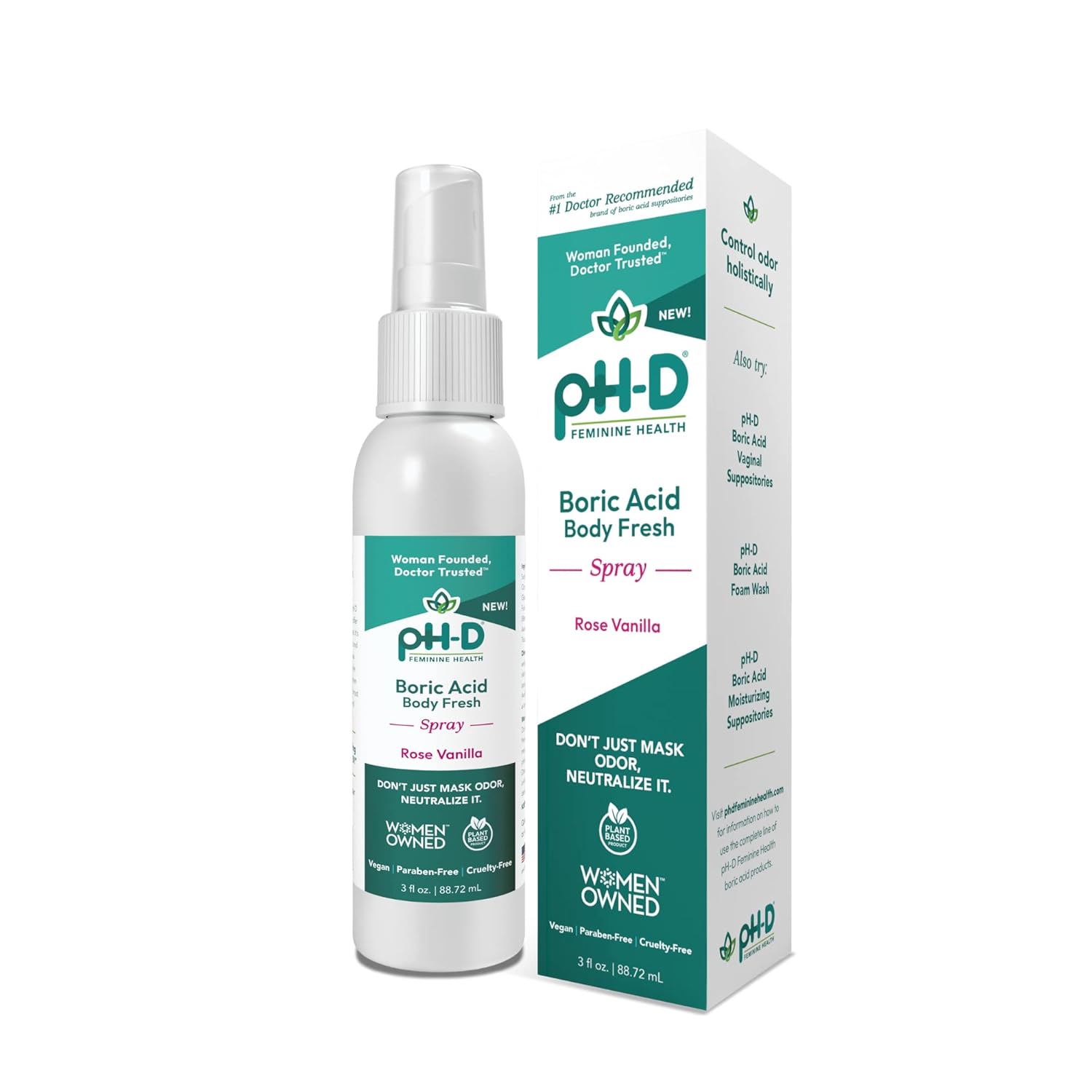 Ph-D Feminine Health - Boric Acid Body Fresh Spray - Vegan, Paraben-Free, Plant Based - Rose Vanilla Scented - 3Oz