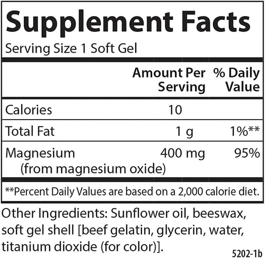 Carlson - Magnesium Gels, 400 mg of Magnesium per Softgel, Heart & Muscle Support, Magnesium Gel Caps, Bowel Function, Magnesium Supplement, 250 Softgels