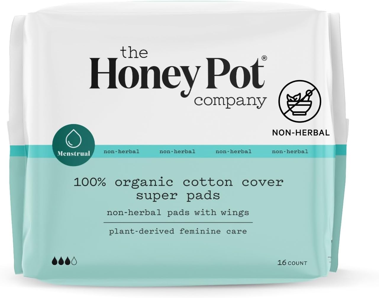 The Honey Pot Company - Non-Herbal Super Absorbency Pads with Wings - Organic Pads for Women - Cotton Cover, & Ultra-Absorbent Pulp Core - Feminine Care - 16 ct