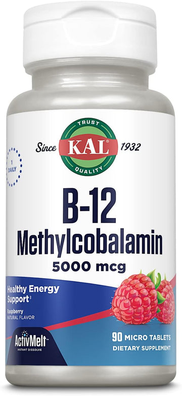 KAL Vitamin B12 Methylcobalamin 5000mcg, Healthy Energy, Metabolism, Nerve & Red Blood Cell Support,* Fast Dissolve ActivMelts, Optimal Absorption, Natural Raspberry Flavor, 90 Servings, 90 Micro Tabs