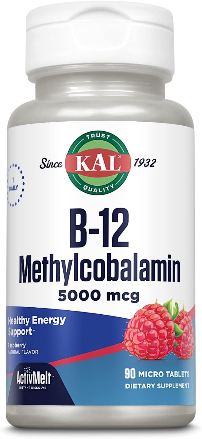 Kal Vitamin B12 Methylcobalamin 5000Mcg, Healthy Energy, Metabolism, Nerve & Red Blood Cell Support,* Fast Dissolve Activmelts, Optimal Absorption, Natural Raspberry Avor, 90 Servings, 90 Micro Tabs