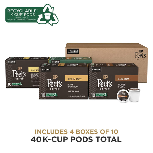 Peet's Coffee, Dark, Medium, and Light Roast K-Cup Pods for Keurig Brewers - Variety Pack, Luminosa Breakfast Blend, Café Domingo, Organic Alma De La Tierra, House Blend, 40 Count (4 Boxes of 10 K-Cup Pods)