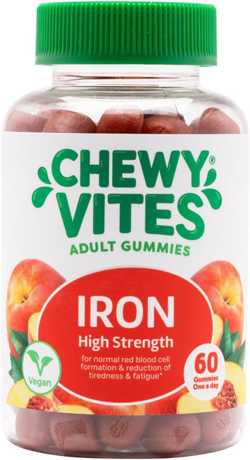 Chewy Vites Adult High Strength Iron, 60 Vitamin Gummies, 14Mg Ferrous Fumerate Iron Gummies With Vitamin C, 2 Months Supply, Real Fruit Juice, Vegan, Peach Flavour