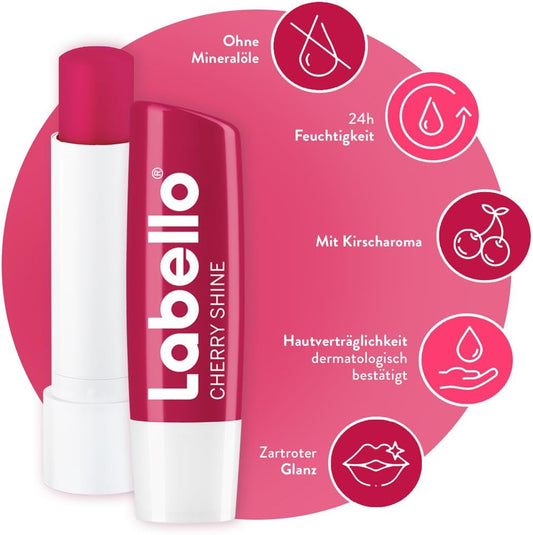 Labello Cherry Shine Lip Balm, Lip Care With Soft Red Shine For 24 Hours Moisturising, Nourishing Lip Balm With Shea Butter And Cherry Aroma (4.8 G)