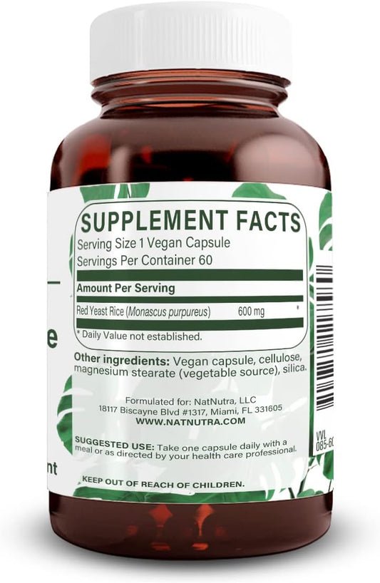 Natural Nutra Red Yeast Rice Extract, Cardiovascular Support, Helps Enhance Immunity, Improve Digestion, Gluten Free Supplements, 600 Mg 60 Capsules