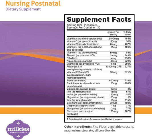 Milkies Fairhaven Health Nursing Postnatal Vegetarian Supplement For Breastfeeding Women With Vitamin D And B, Nutritious Breast Milk Multivitamin - Gluten And Dairy Free - 1 Month Supply