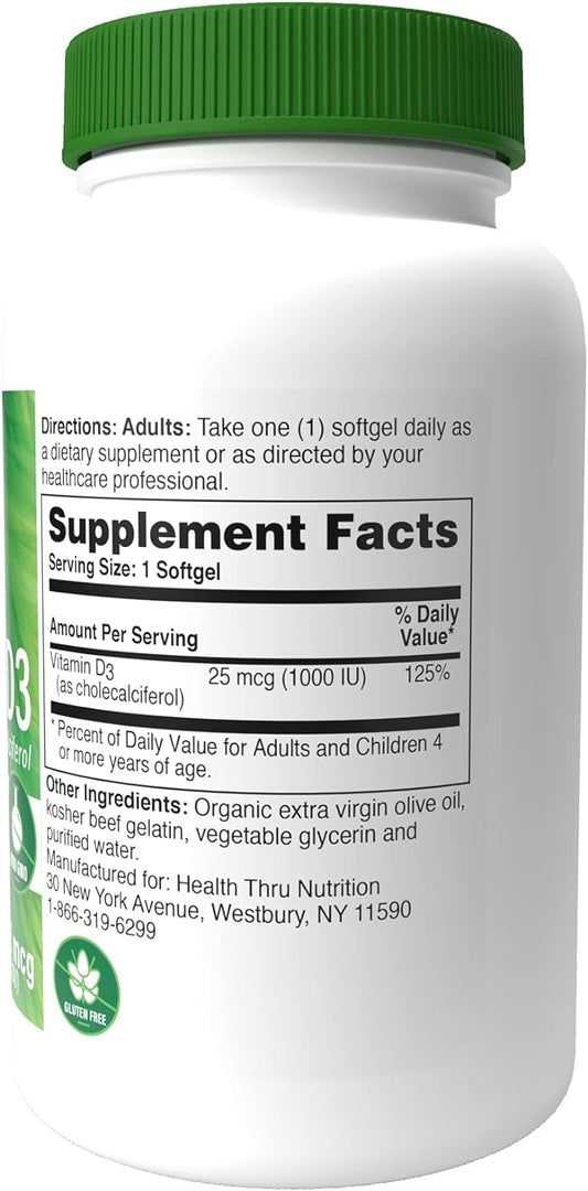 Health Thru Nutrition Vitamin D3 1,000Iu 25Mcg Cholecalciferol | Mini Softgels For Maximum Benefit | 3Rd Part Tested | Non-Gmo Usp Grade In Organic Evoo | Immune Health Support (Pack Of 360)