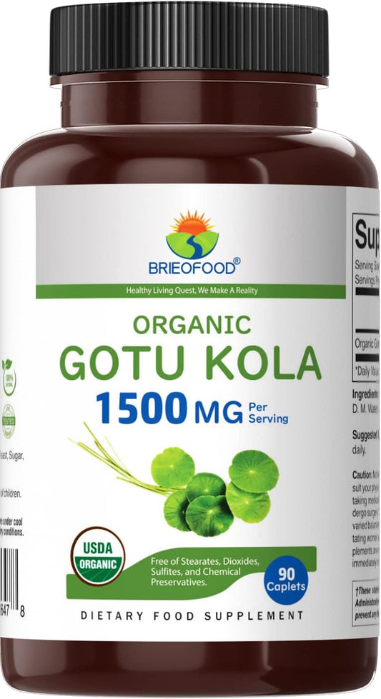 Brieofood Organic Gotu Kola 1500Mg, 45 Servings, Vegetarian, Gluten Free, 90 Vegetarian Tablets