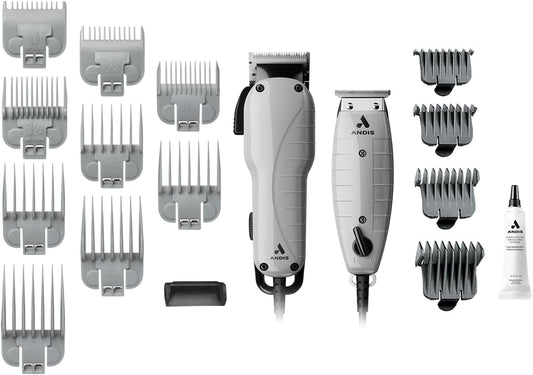 Andis Professional Barber Combo Hair Clipper And Trimmer 17 Piece Set, 66615, Grey