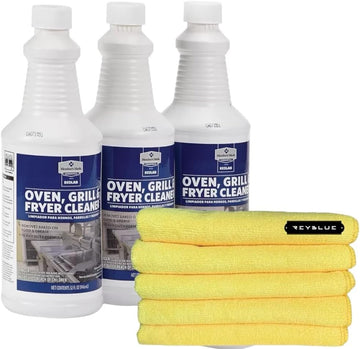 Commercial Oven, Grill and Fryer Cleaner 32 oz, 3 pk Comes With ReyBlue 5-Pack Premium 16" x 16" 400 GSM Microfiber Cleaning Cloth Towel Rags