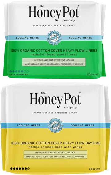 The Honey Pot Company - Heavy Daytime & Liners Bundle - Herbal Pads Insused W/Essential Oils For Cooling Effect & Organic Cotton Cover - Feminine Care - Sanitary Pads For Women - Fsa & Hsa Eligible