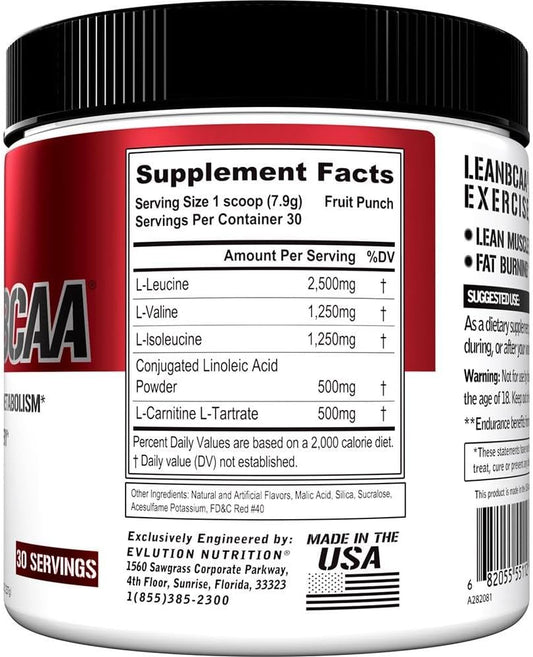 Evlution Stimulant Free Lean BCAA Powder Nutrition BCAAs Amino Acids Powder with CLA Carnitine and 2:1:1 Branched Chain Amino Acids Supports Muscle Recovery Fat Burn and Metabolism - Fruit Punch