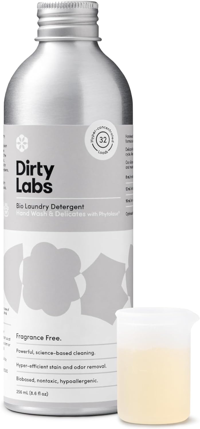 Dirty Labs | Hand Wash And Delicates | Scent Free | 32 Loads (8.6 Fl Oz) | Bio Enzyme Liquid Laundry Detergent | For Fine Silks, Wools, Handwash Garments | Hyper-Concentrated | Non Toxic, Biodegradable | Stain & Odor Removal