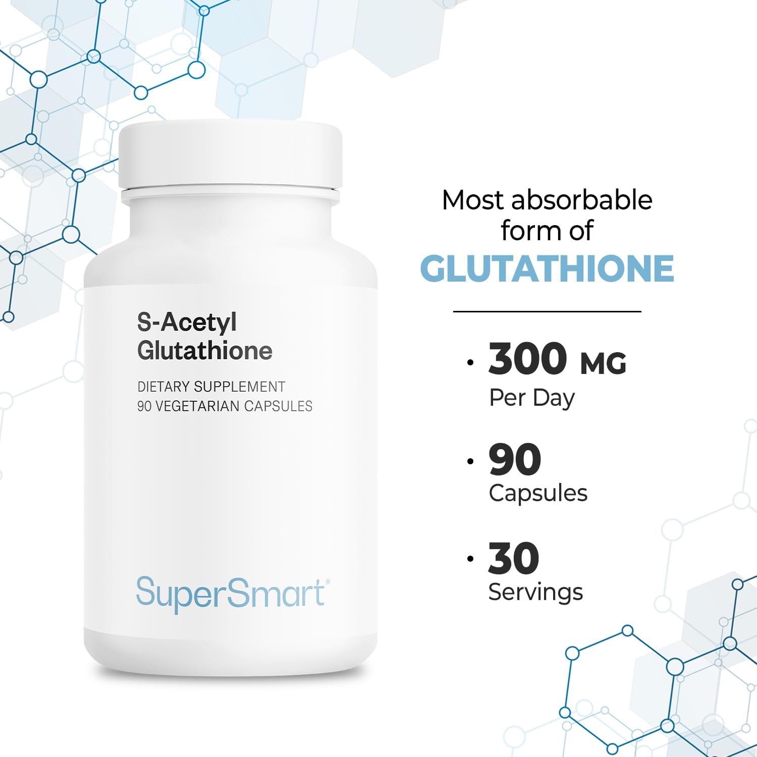 Supersmart - S-Acetyl Glutathione 300 Mg Per Day (Gsh) - Tripeptide Antioxidant Protects Against Damage Dna Cells | Non-Gmo & Gluten Free - 90 Vegetarian Capsules : Health & Household