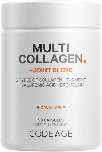 Codeage Multi Collagen Protein + Joint Blend Supplement, Hyaluronic Acid, Bromelain, Turmeric, Ginger Boswellia, Hydrolyzed - 5 Types Of Collagen All-In-One, Joints & Bones Support, 90 Capsules