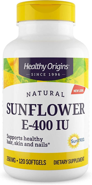 Healthy Origins Vitamin E, 400 IU Sunower (Sun E 900) - Vitamin E Supplement - Hair, Skin & Nails Vitamins - Non-GMO & Gluten-Free Supplement - 120 Softgels