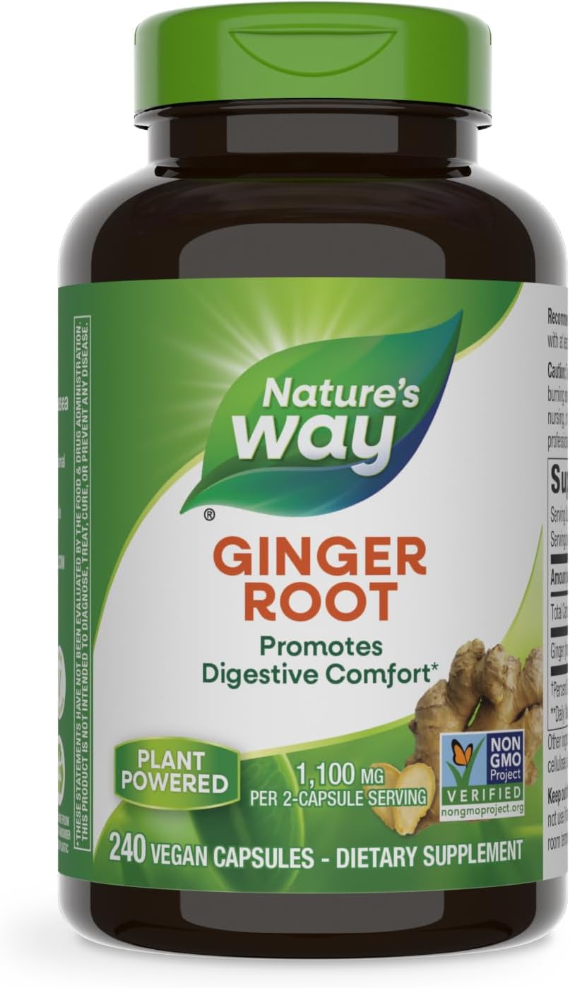 Nature'S Way Ginger Root, Promotes Digestive Comfort*, 1,100 Mg Per 2-Capsule Serving, Non-Gmo Project Verified, Vegan, 240 Capsules (Packaging May Vary)