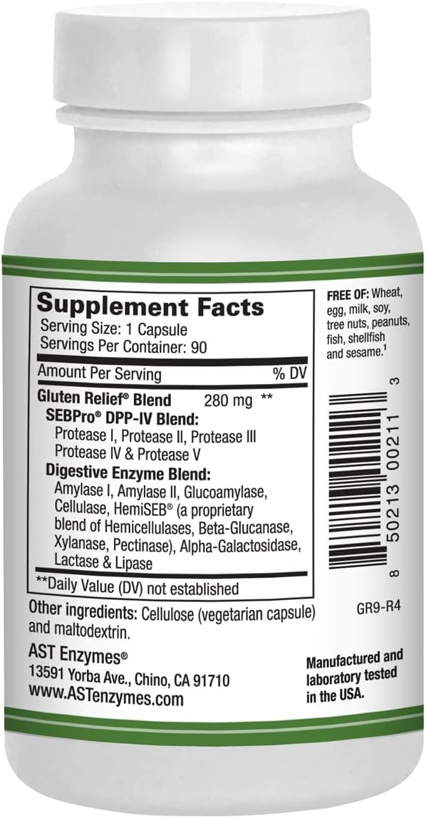 Gluten Relief Plus – 90 Vegetarian Capsules - Gluten Digestion Support – Premium Natural Digestive Enzyme Formula - Contains DPP-IV Enzyme Complex – AST Enzymes : Health & Household