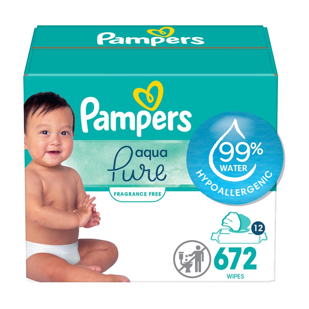 Pampers Aqua Pure Sensitive Baby Wipes, 99% Water, Hypoallergenic, Unscented Baby Wipes, 672 Baby Wipes Total (12 Flip-Top Packs)