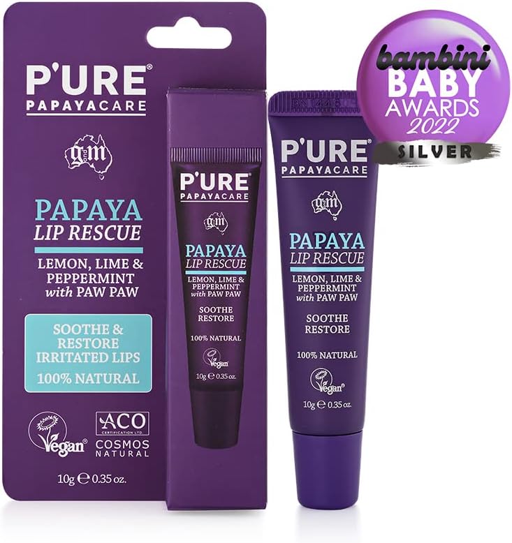 Organic Vegan Lip Balm - P'Ure Papaya Care Lip Rescue 10G | Natural Paw Paw Treatment For Dry, Cracked Lips | Calendula, Chamomile, Citrus, Peppermint | Cruelty-Free Moisturising Lip Care