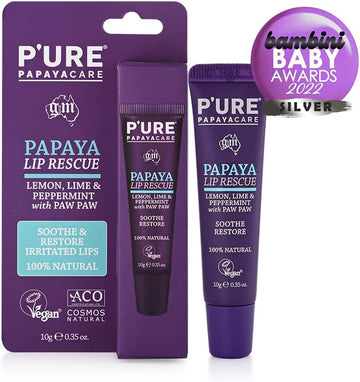 Organic Vegan Lip Balm - P'Ure Papaya Care Lip Rescue 10G | Natural Paw Paw Treatment For Dry, Cracked Lips | Calendula, Chamomile, Citrus, Peppermint | Cruelty-Free Moisturising Lip Care