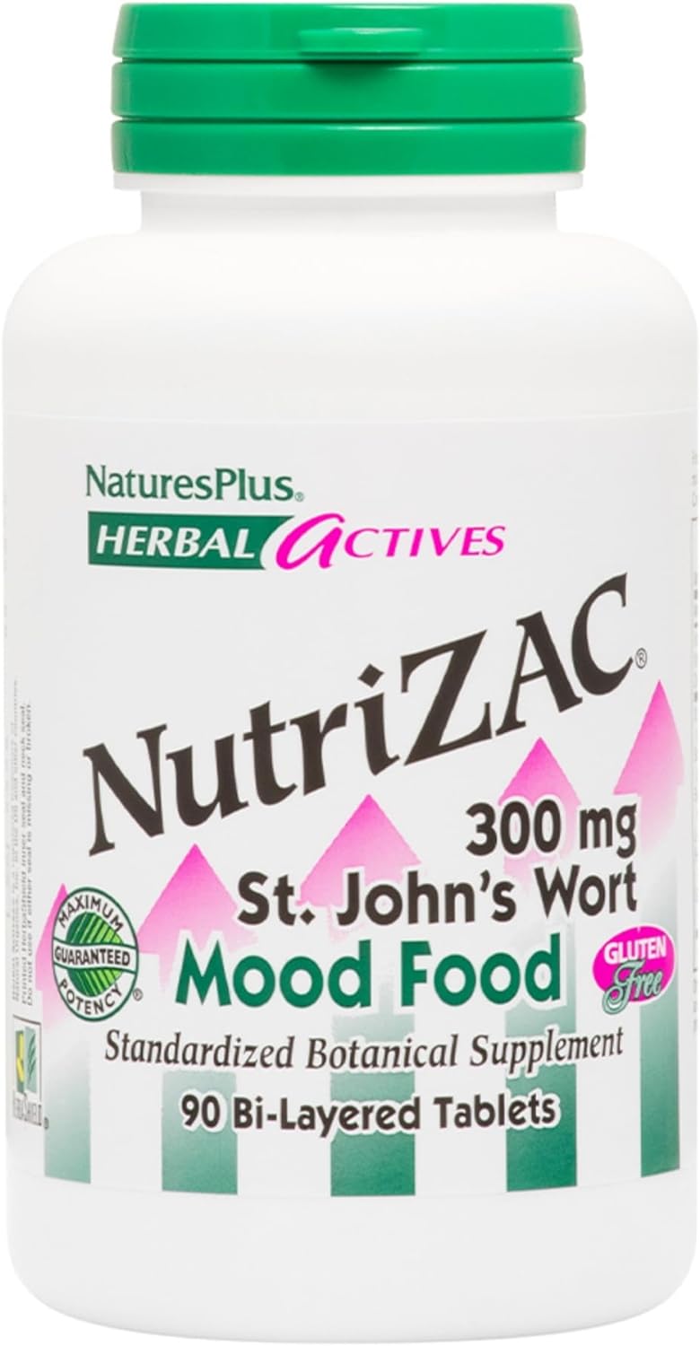 NaturesPlus Herbal Actives NutriZAC Mood Food - 300 mg St Johns Wort, 90 Vegan Bi-Layered Tablets - Maximum Potency Natural Mood Booster - Vegetarian, Gluten-Free - 90 Servings