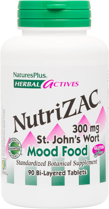 NaturesPlus Herbal Actives NutriZAC Mood Food - 300 mg St Johns Wort, 90 Vegan Bi-Layered Tablets - Maximum Potency Natural Mood Booster - Vegetarian, Gluten-Free - 90 Servings