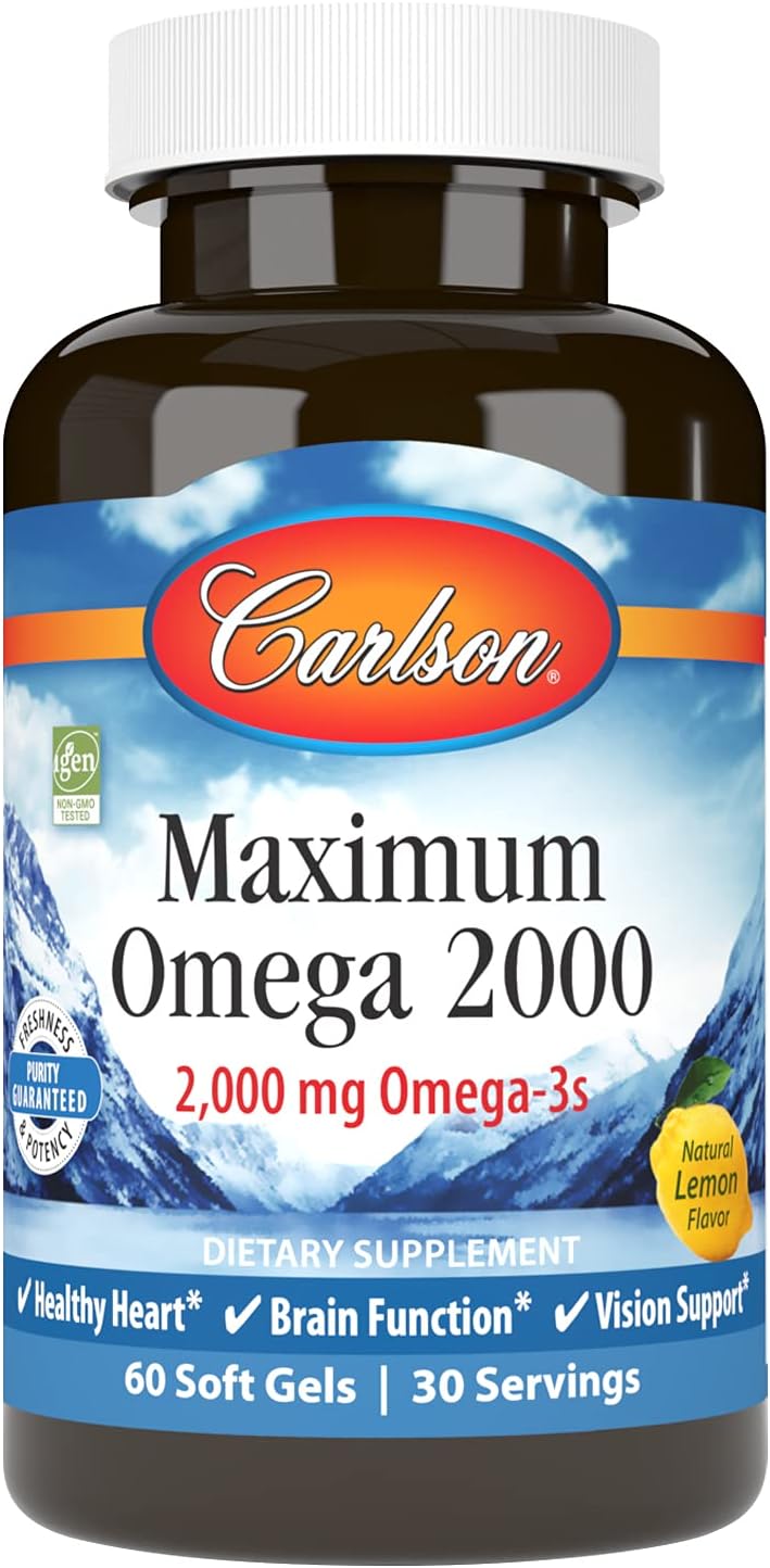 Carlson - Maximum Omega 2000, 2000 mg Omega-3 Fatty Acids Including EPA and DHA, Wild-Caught, Norwegian Fish Oil Supplement, Sustainably Sourced Fish Oil Capsules, Lemon, 60 Softgels