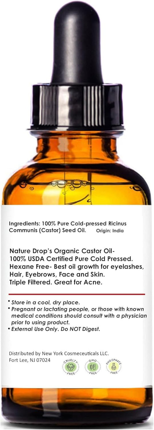 Nature Drop'S Organic Castor Oil1 Oz - 100% Usda Certified Pure Cold Pressed Hexane Free - Best Oil Growth For Eyelashes Hair Eyebrows Face And Skin Triple Filtered Great For Acne