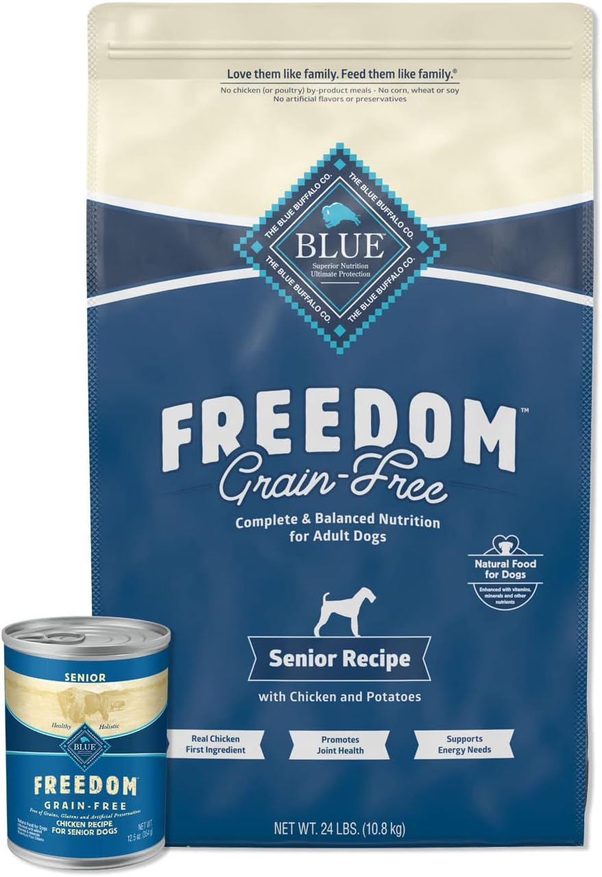 Blue Buffalo Freedom Natural Senior Grain Free Dog Food Bundle, Dry Dog Food And Wet Dog Food, Chicken (24-Lb Dry Food + 12.5Oz Cans 12Ct)