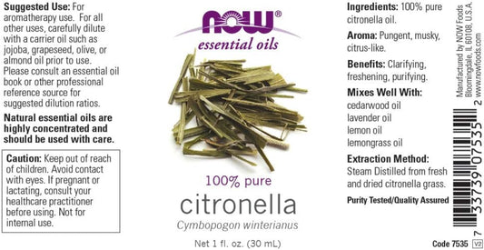 Now Essential Oils, Citronella Oil, Freshening Aromatherapy Scent, Steam Distilled, 100% Pure, Vegan, Child Resistant Cap, 1-Ounce