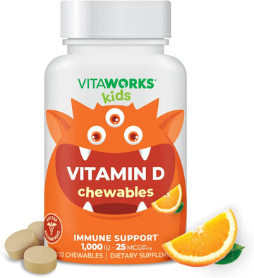 Kids Vitamin D 1000 IU Chewable Tablets - Tasty Natural Orange Flavor - Vegan, GMO-Free, Gluten Free, Nut Free Vitamins - Dietary Supplement for Immune Support - for Children - 120 Chewables