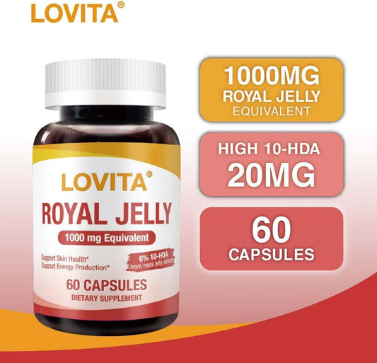 Lovita Royal Jelly 333 Mg, 3:1 Concentrate, With 20Mg 10-Hda, Natural Source Super Food, Supports Skin Health & Energy Production, 60 Capsules