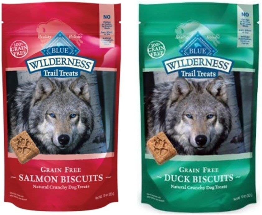 Wilderness Blue Buffalo Trail Treats Grain-Free Dog Biscuits 2 Flavor Variety Bundle: (1) Duck, and (1) Salmon, 10 Ounces