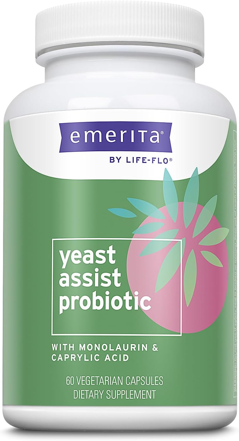 Emerita By Life-Flo Yeast Assist Probiotics For Women - Yeast Cleanse, Vaginal, Immune And Gut Health Support - 1 Billion Cfu Bacillus Coagulans Plus Monolaurin - Shelf Stable, 30 Servings, 60 Vegcaps