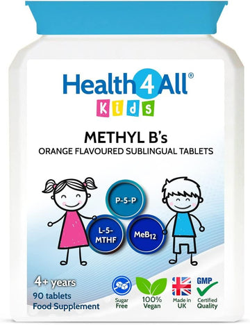 Health4All Kids Methyl B'S 90 Tablets For Children For Stress & Mood Support. Sublingual Vegan Pre-Methylated B12 Methylcobalamin, 5-Methylfolate And Vitamin B6 P-5-P