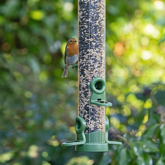 Bird Feeders For Small Birds - Jacobi Jayne® flo™ Classic Green Medium Easy-clean Bird Feeder For Seeds - Bird Seed Feeders Hanging Wire Included - Bird Seed Feeder For Garden Birds?FLO-S2C