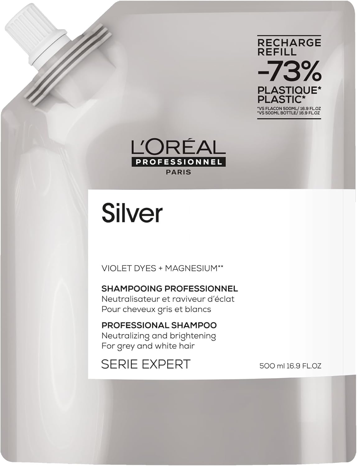 L’Oréal Professionnel Silver Shampoo For Grey, White Or Light Blonde Hair, Neutralising And Brightening, Serie Expert, 500Ml Refill